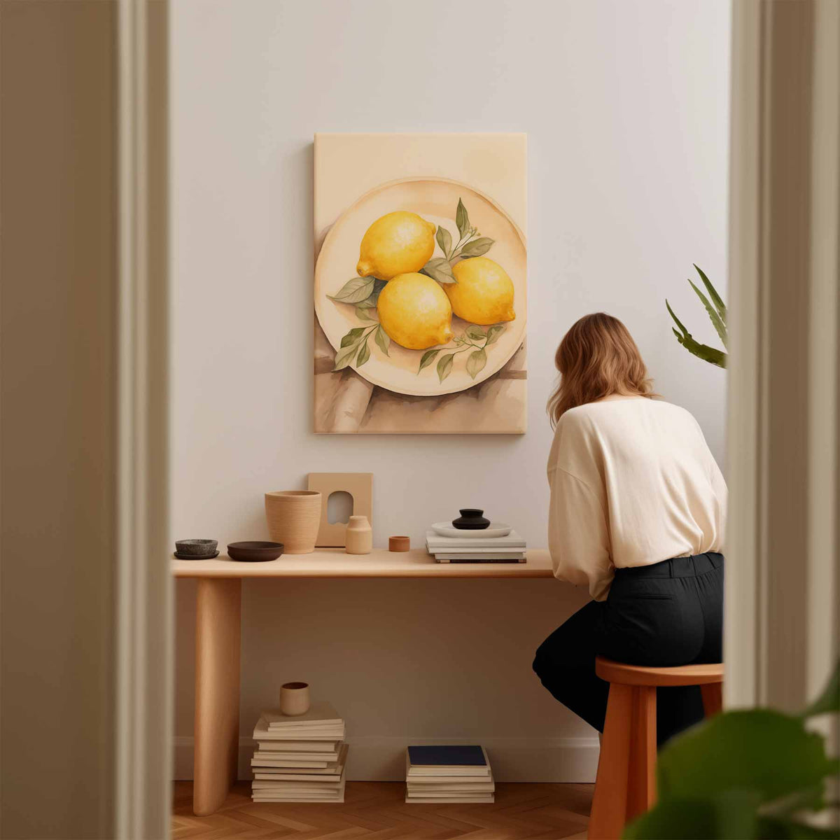 Zonnige Citroenen op Bord – plexiglas wanddecoratie in portret formaat