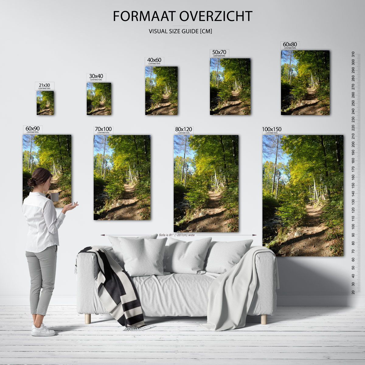 Boswandeling zonnig pad poster – sfeerbeeld – een zonnig bospad omringd door hoge bomen en groene bladeren. Het licht speelt