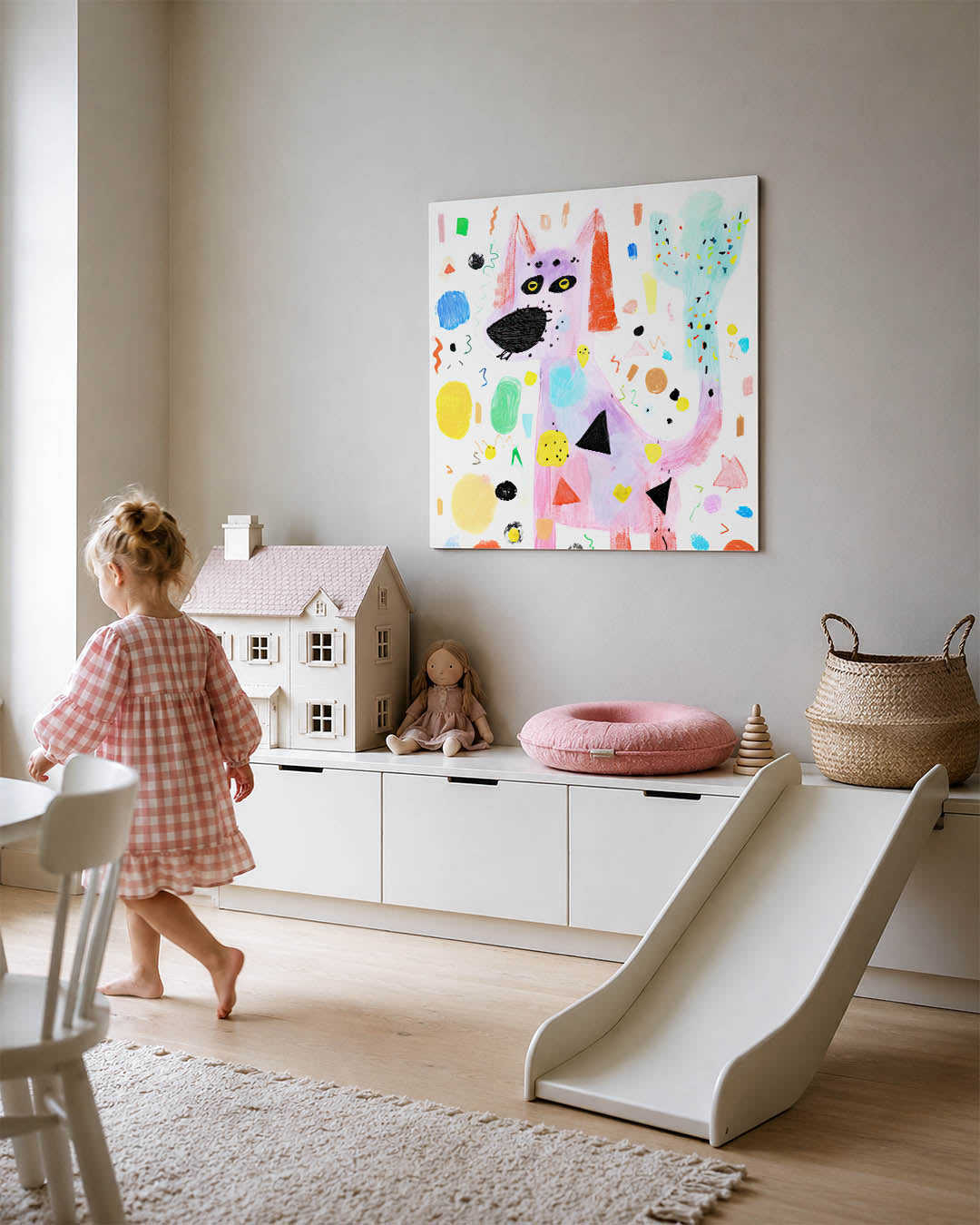 Speelse dierenfantasie kunstwerk – tweede productweergave – dit kunstwerk toont een kleurrijke, speelse compositie met een