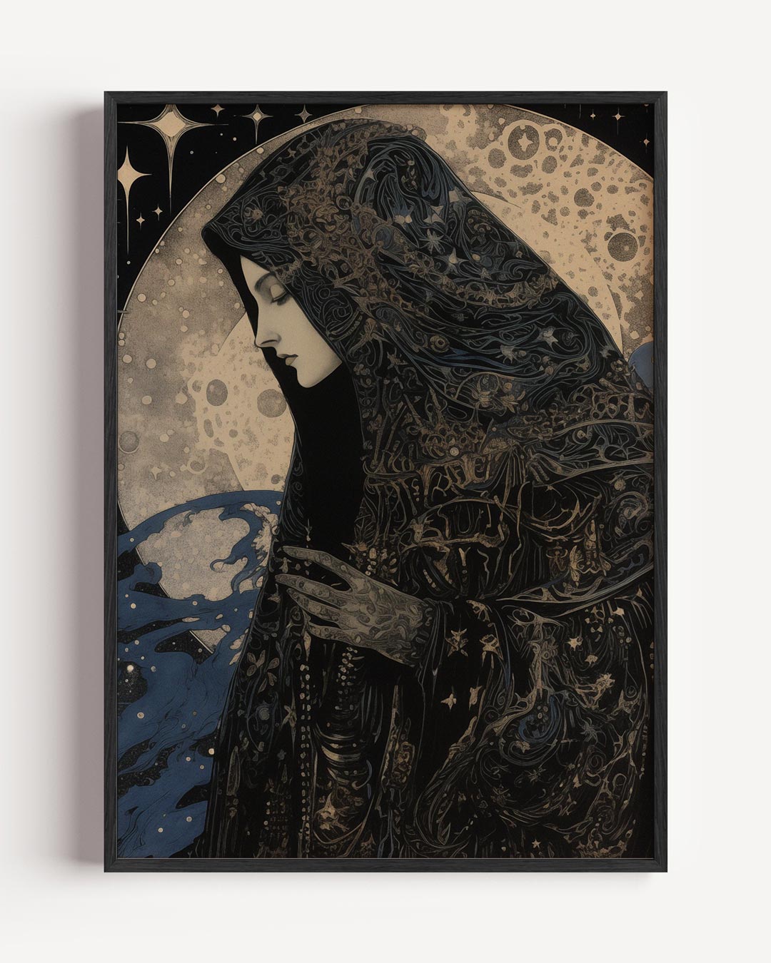 Mystieke vrouw met sterren en maan – vrouwelijk portret poster als wanddecoratie