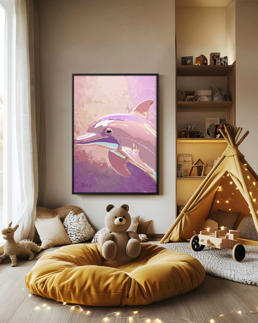 Dromerige Dolfijn Kunstwerk – canvas wanddecoratie in portret formaat