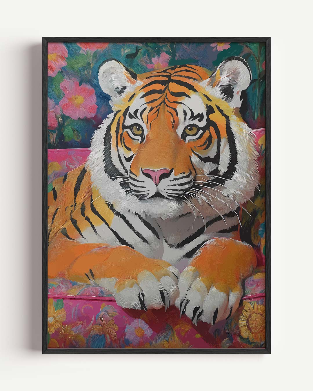 Kleurrijke Tijger op Bloemenbank – dieren portret poster als wanddecoratie