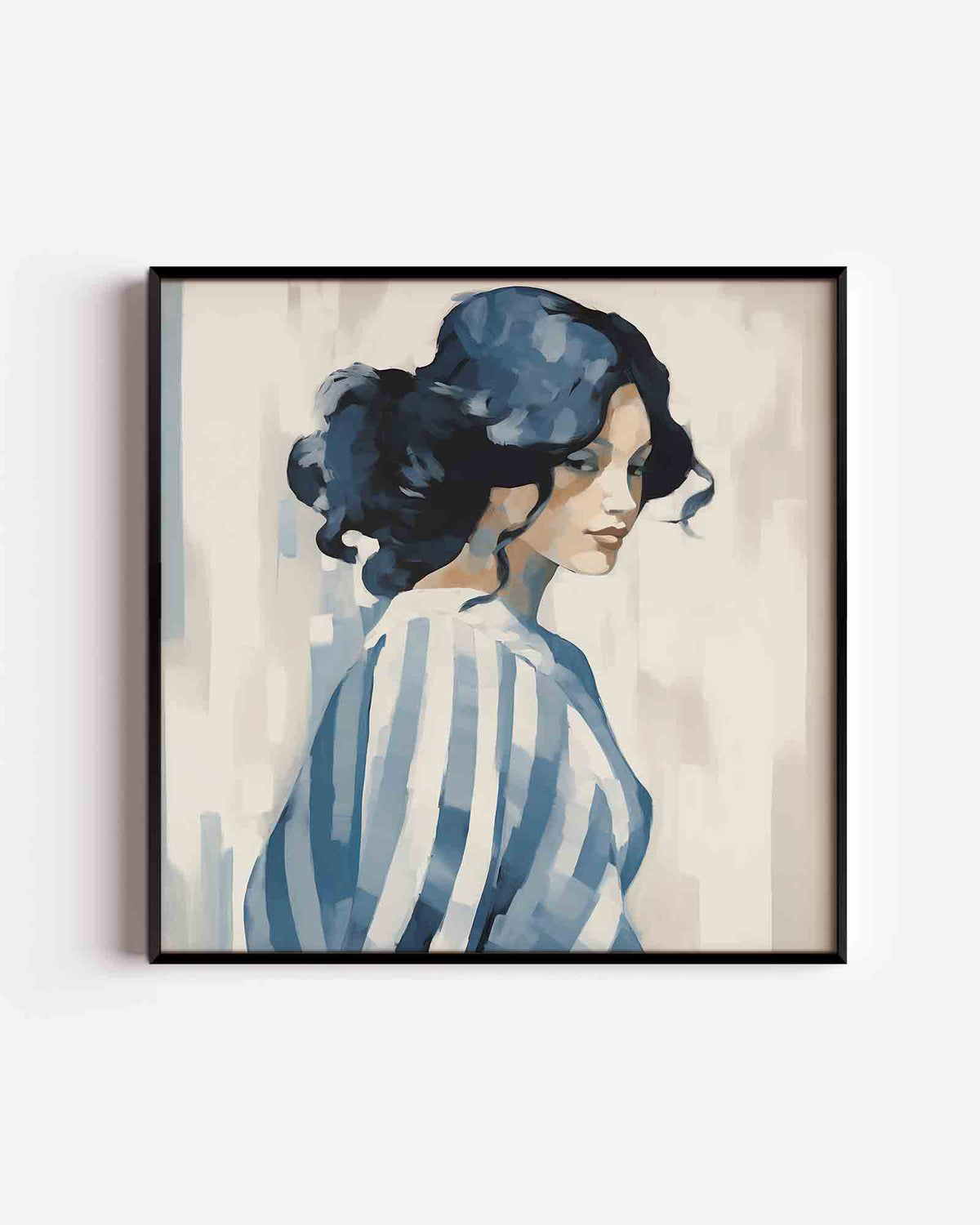 Vrouw met blauwe strepen – vrouwelijk portret als vierkante poster