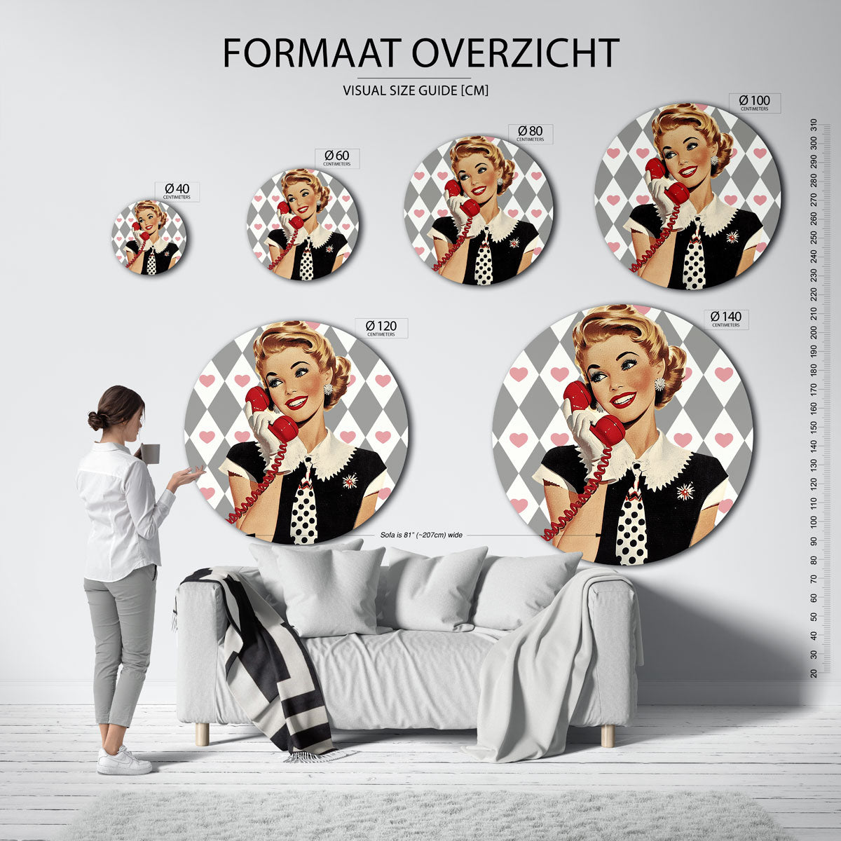 Vrouw met telefoon – kleurrijke ronde muurdecoratie in Pop Art stijl