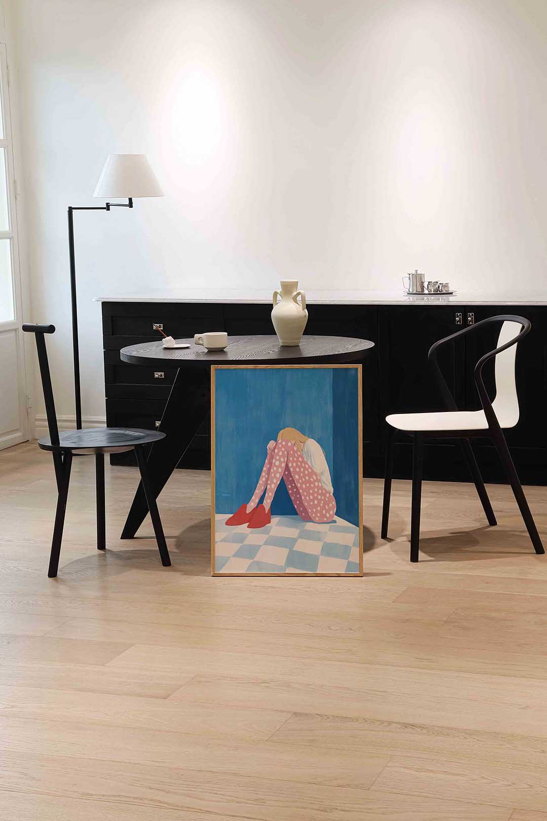 Zittende figuur met stippen – moderne wandkunst als portret poster