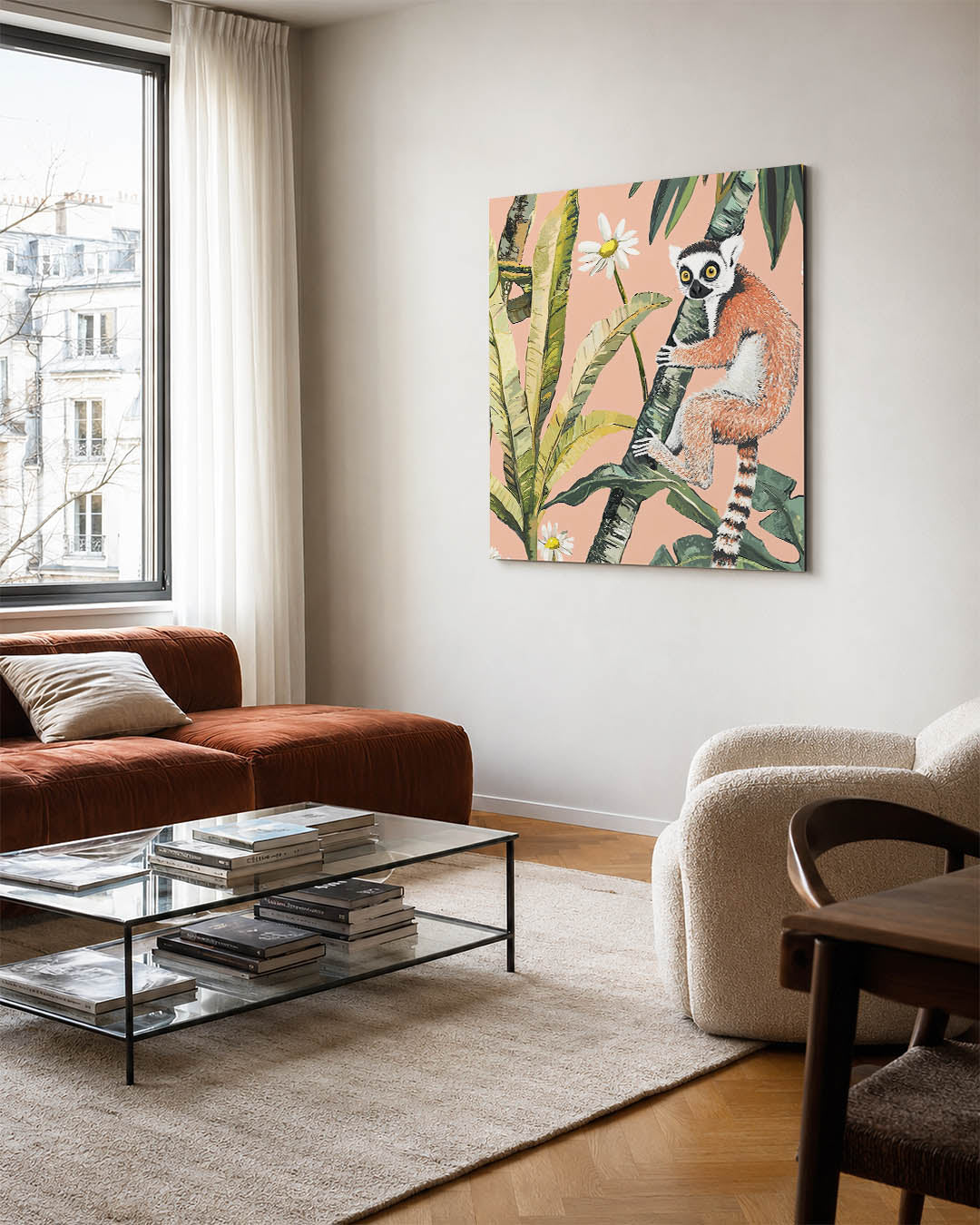 Dierlijke jungle illustratie kunstwerk – vierkante wanddecoratie – dit toont een levendige scène met een dier dat een boom