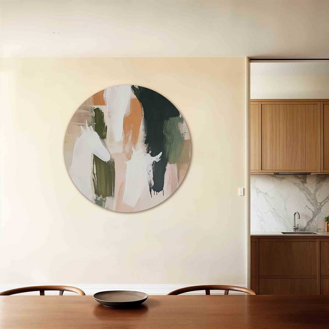 Abstracte paarden – ronde wanddecoratie met abstract ontwerp