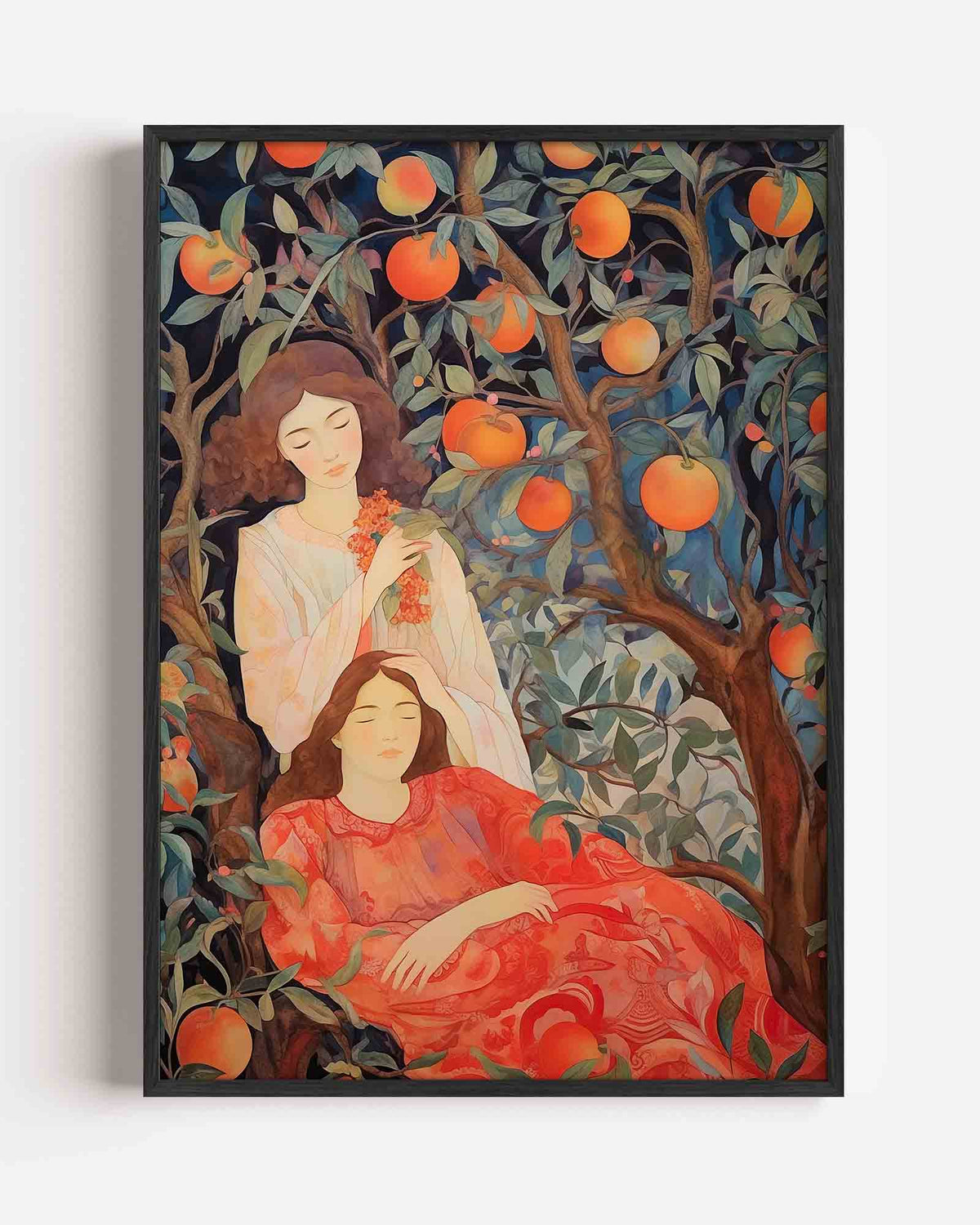 Twee vrouwen onder sinaasappelboom – botanische portret poster als wanddecoratie