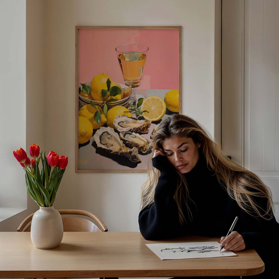 Oesters en citroenen met glas wijn – culinaire wandkunst als portret poster