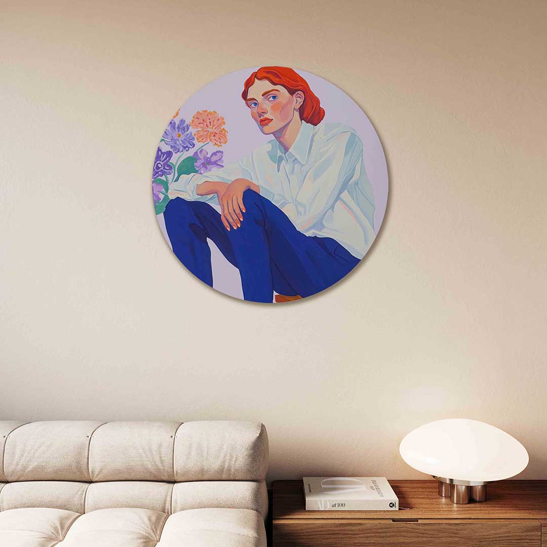 Vrouw met bloemen – moderne abstracte muurcirkel voor aan de muur