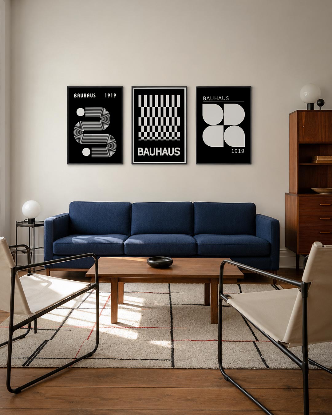 Lijnen en cirkel driedelige posterset – deze poster toont een dynamisch lijnenspel met witte lijnen die vloeiend een S-vorm