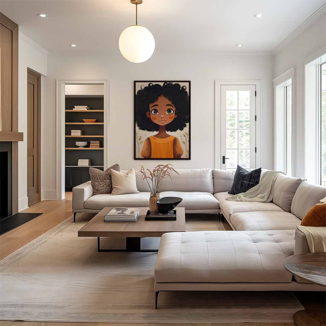 Schattig Meisje met Krullend Haar – canvas wanddecoratie in portret formaat