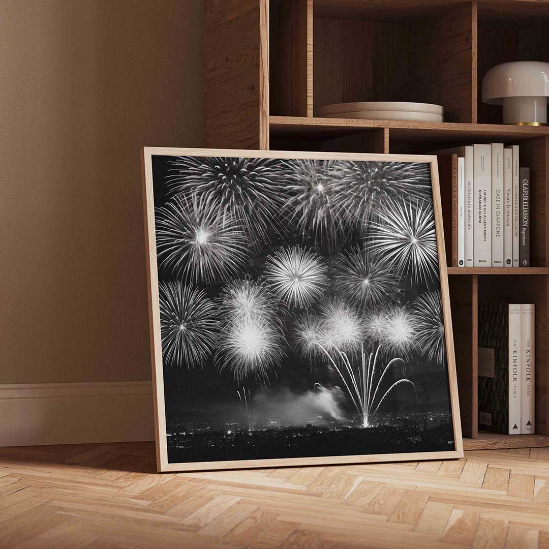 Vuurwerk explosie – vierkante kerst wanddecoratie van WallArtistic
