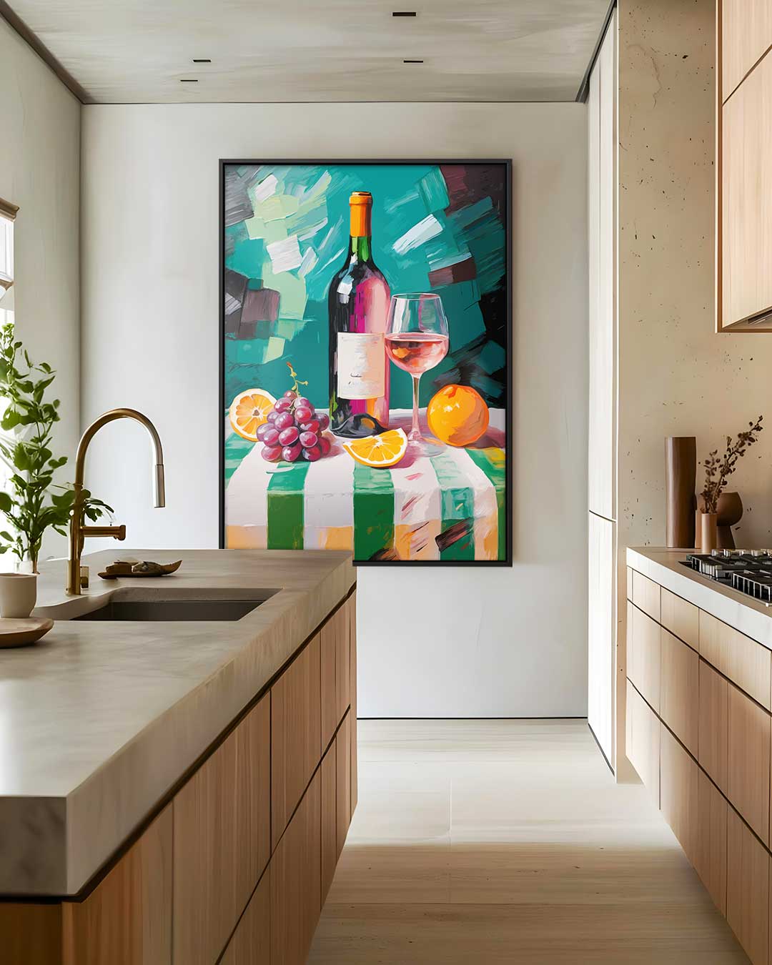 Elegante Wijn en Fruit Stilleven – staand kunstwerk voor modern interieur