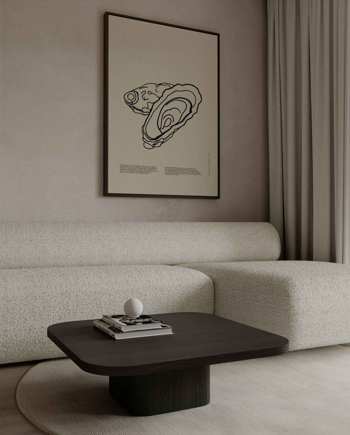Oesterlijntekening op beige achtergrond – dibond wanddecoratie in staand formaat