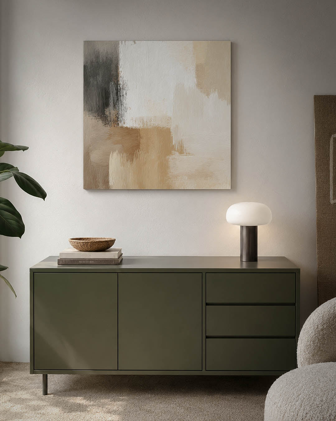 Zachte kleuren compositie kunstwerk – detailweergave – dit werk toont een harmonieuze mix van beige, wit en bruin, met zachte