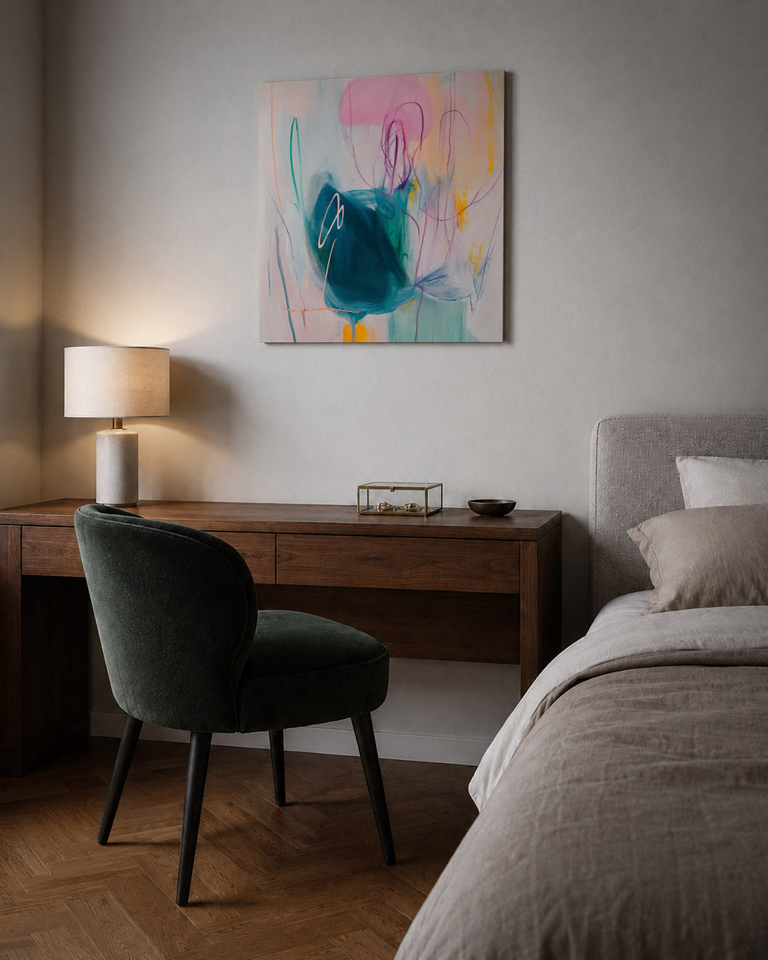 Dynamische kleurenexplosie kunstwerk – sfeerbeeld – dit werk toont een levendige mix van vloeiende lijnen en vormen in een