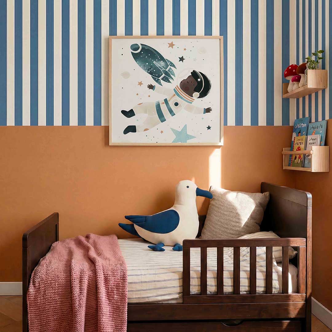 Astronaut en raket – kids poster in vierkant formaat
