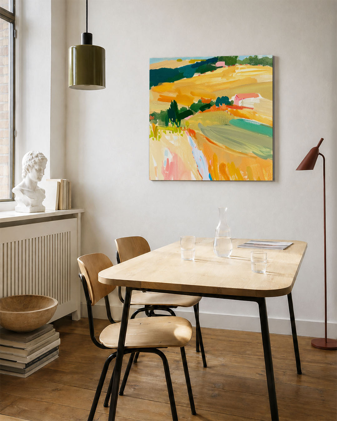 Kleurrijk landschap kunstwerk – vierkante wanddecoratie – dit werk toont een levendig landschap met vloeiende penseelstreken