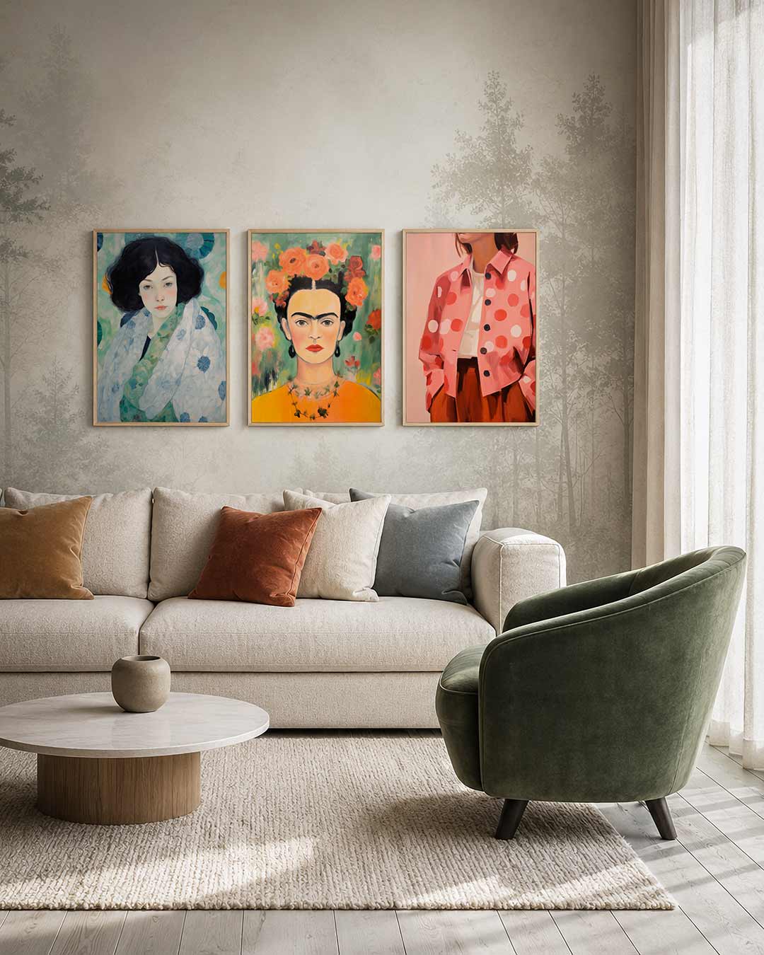 Vormen en vlinders driedelige posterset – een serene figuur omhuld door zachte, vloeiende patronen