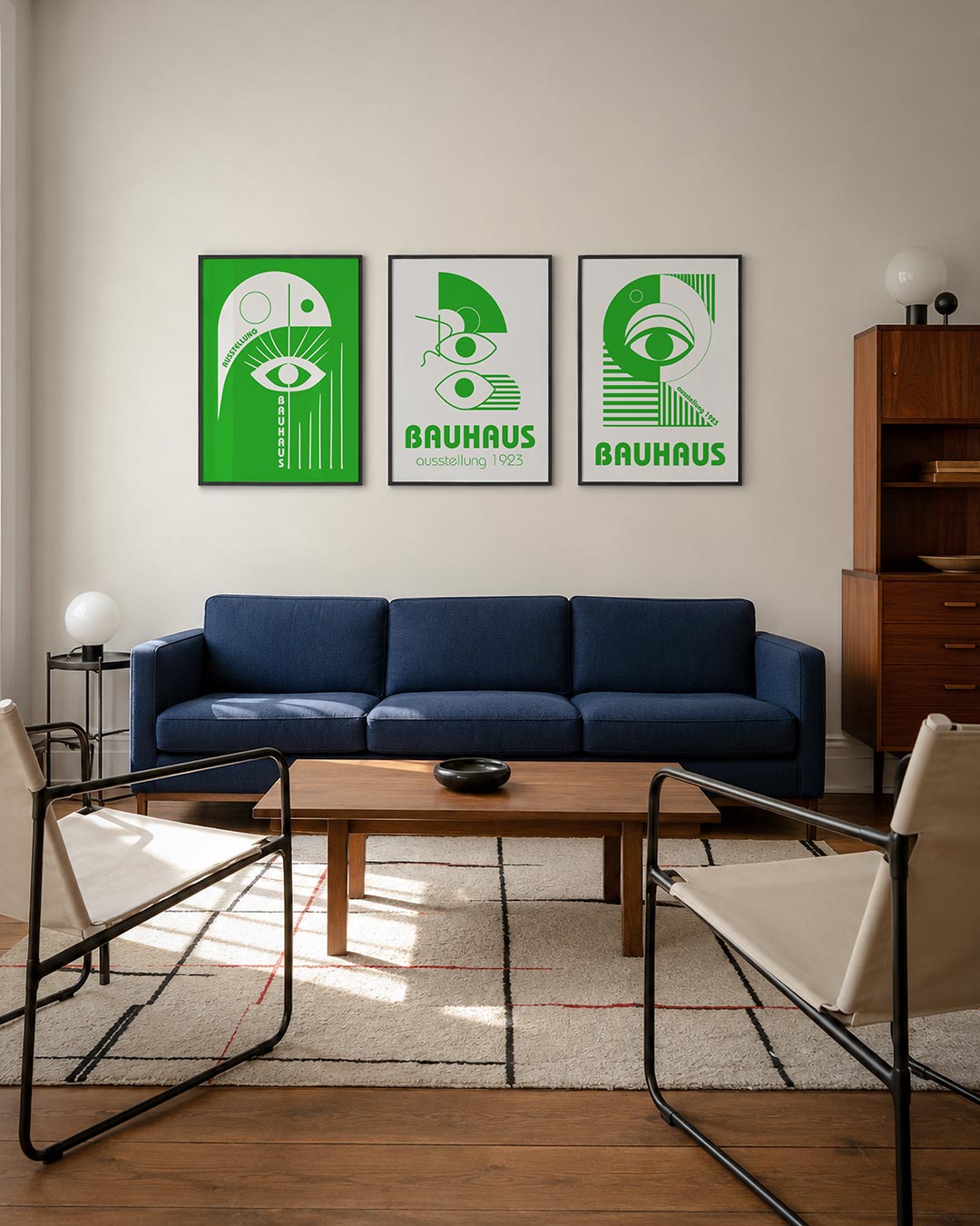 Oog en lijnen posterset – derde productweergave – een groene achtergrond met een wit oog centraal. Strakke lijnen en cirkels