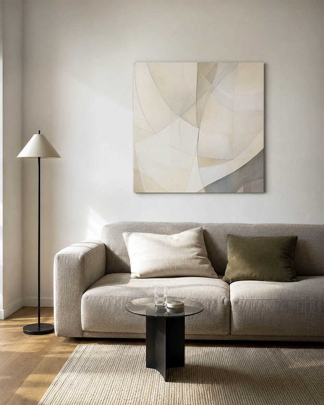 Organische lijnvormen kunstwerk – vierkante wanddecoratie – dit werk toont vloeiende lijnen en zachte kleuren die elkaar