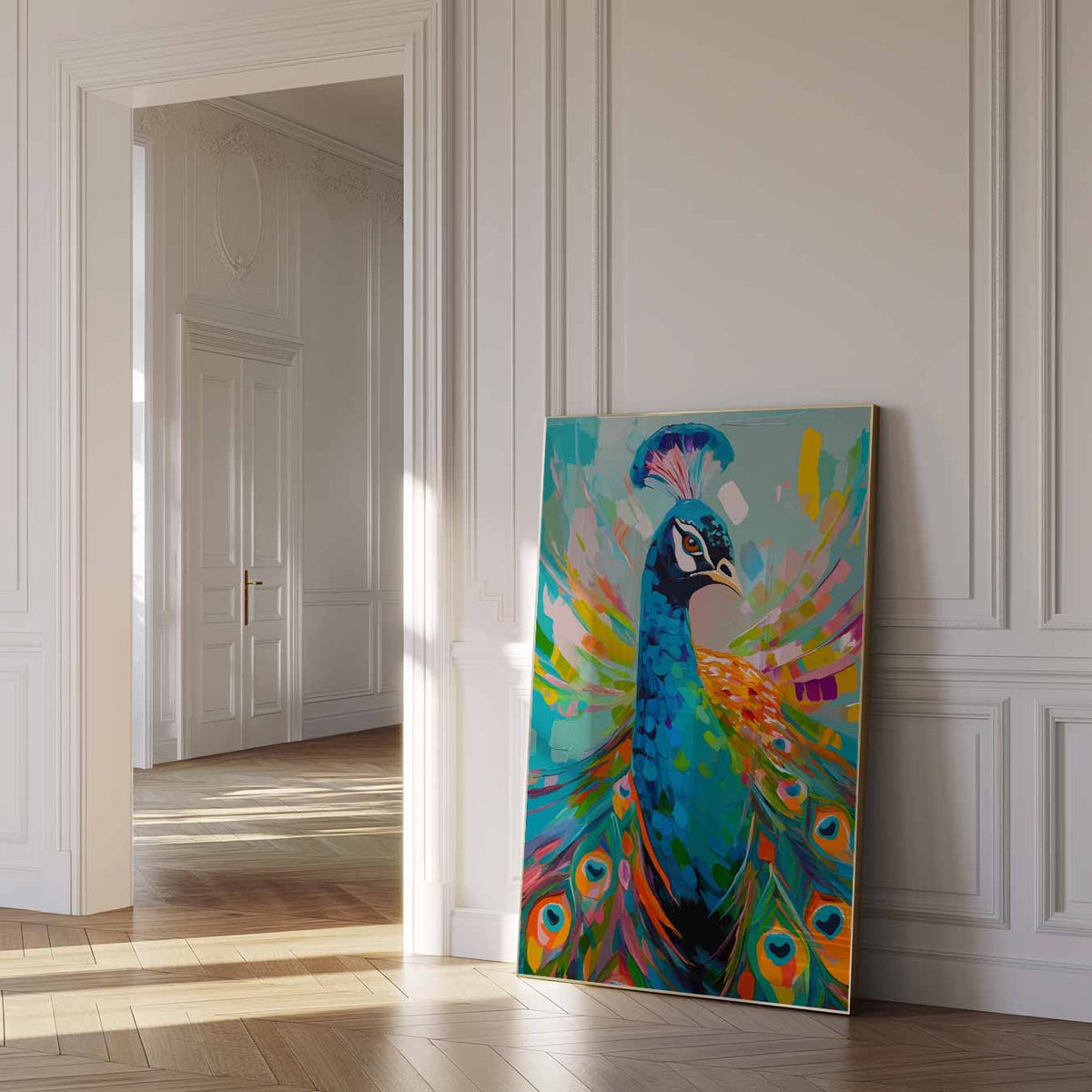 Kleurrijke Pauwenpracht – dierenposter als moderne staande wanddecoratie
