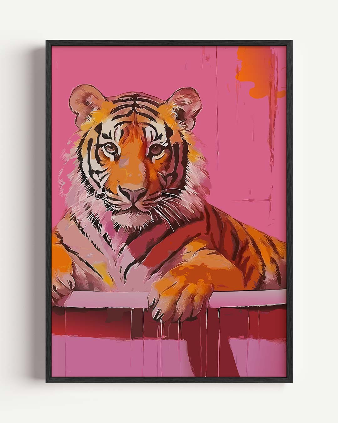 Vrolijke Tijger op Roze Achtergrond – dieren portret poster als wanddecoratie