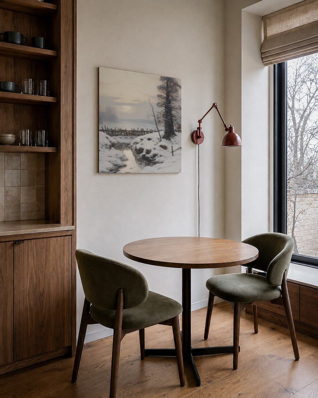 Winterlandschap met sneeuw kunstwerk – derde productweergave – dit werk toont een serene winterse scène met een besneeuwd