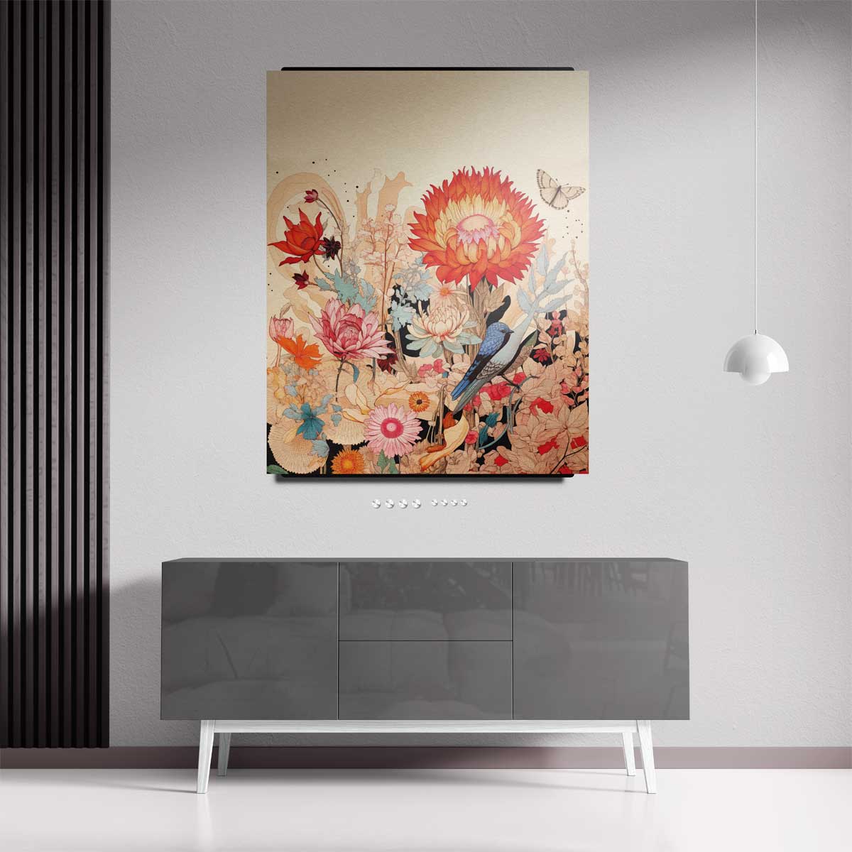 Vrolijke Bloemnatuur met Blauwe Vogel – staand kunstwerk voor modern interieur
