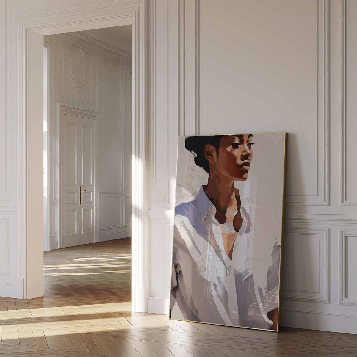Elegante Vrouw in Witte Blouse – zomer poster als frisse staande wanddecoratie