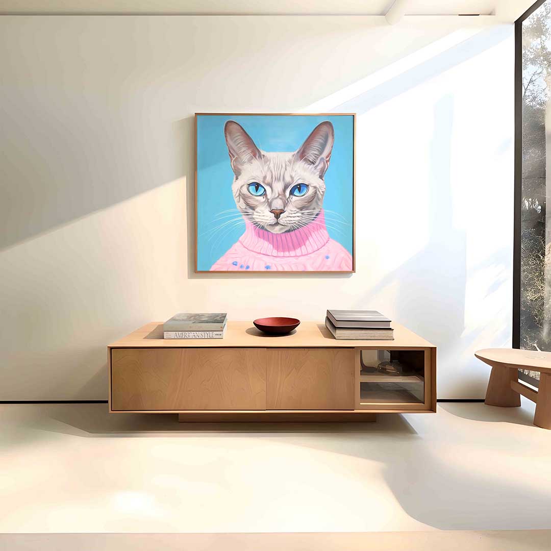 Kat met roze trui – vierkante dieren wanddecoratie van WallArtistic