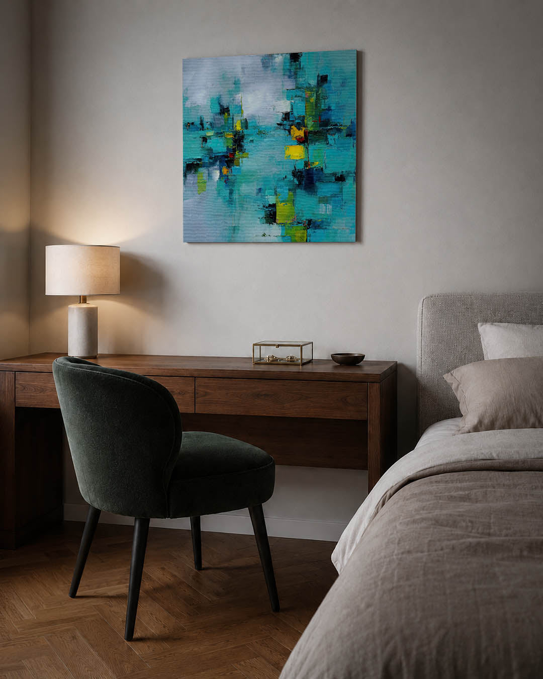 Kleurrijke geometrie kunstwerk – sfeerbeeld – dit werk toont een dynamische compositie van rechthoekige vormen in levendige