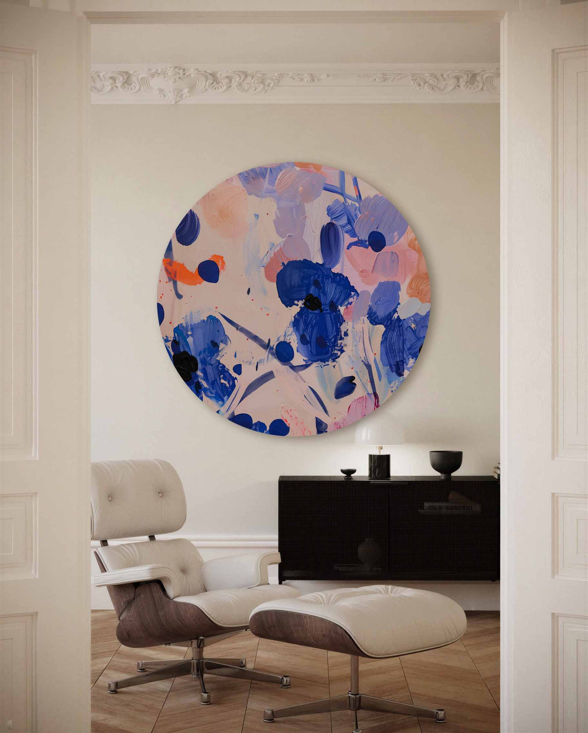 Abstracte bloemen – muurcirkel met kleur en vormen voor aan de muur