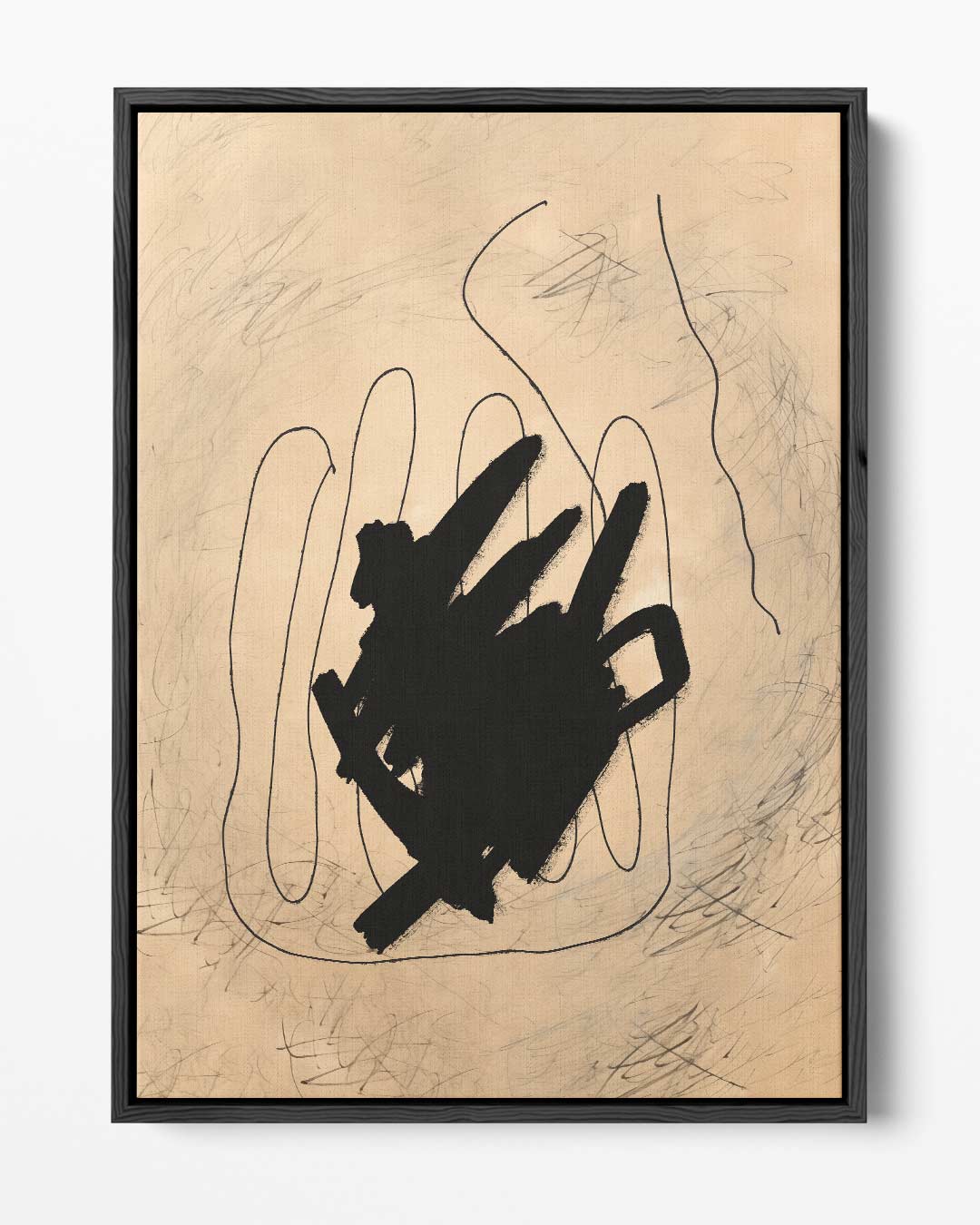 Abstracte Expressie in Zwart en Beige – portret kunstwerk als wanddecoratie