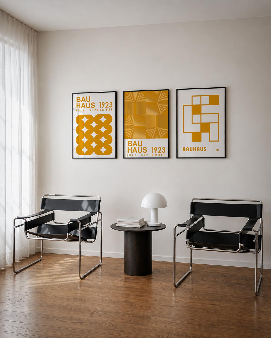 Vorm en ritme posterset – derde productweergave – deze posterset in drie delen toont een speelse herhaling van oranje halve