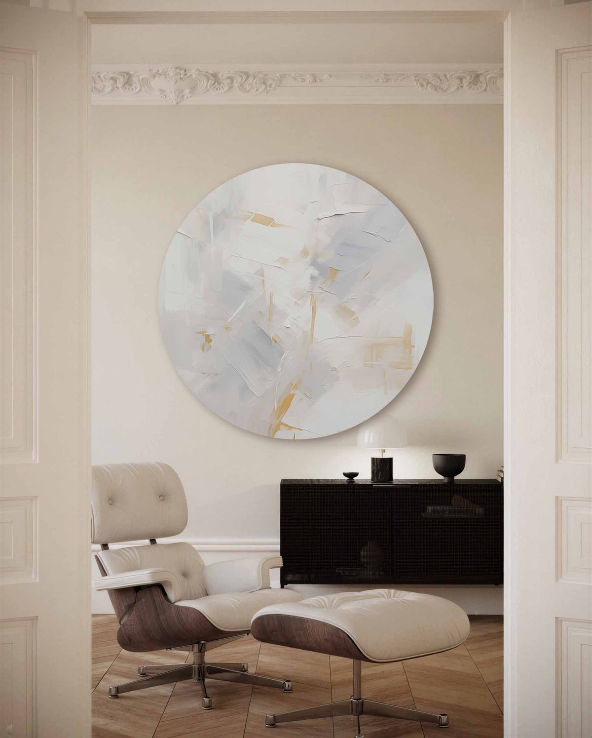Abstracte beige en witte – illustratie muurcirkel als ronde muurdecoratie