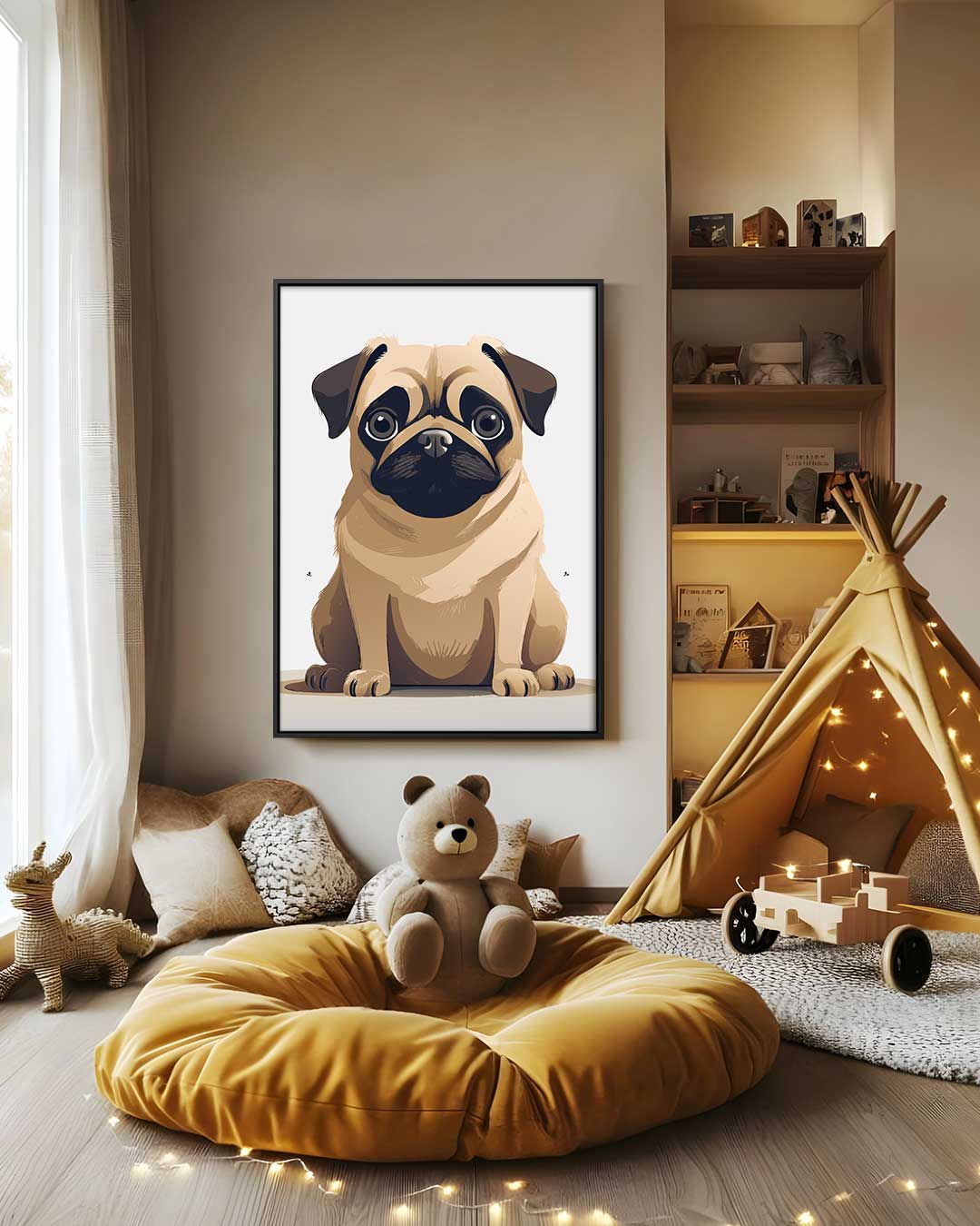 Schattige Mopshond Illustratie – modern portret kunstwerk van WallArtistic