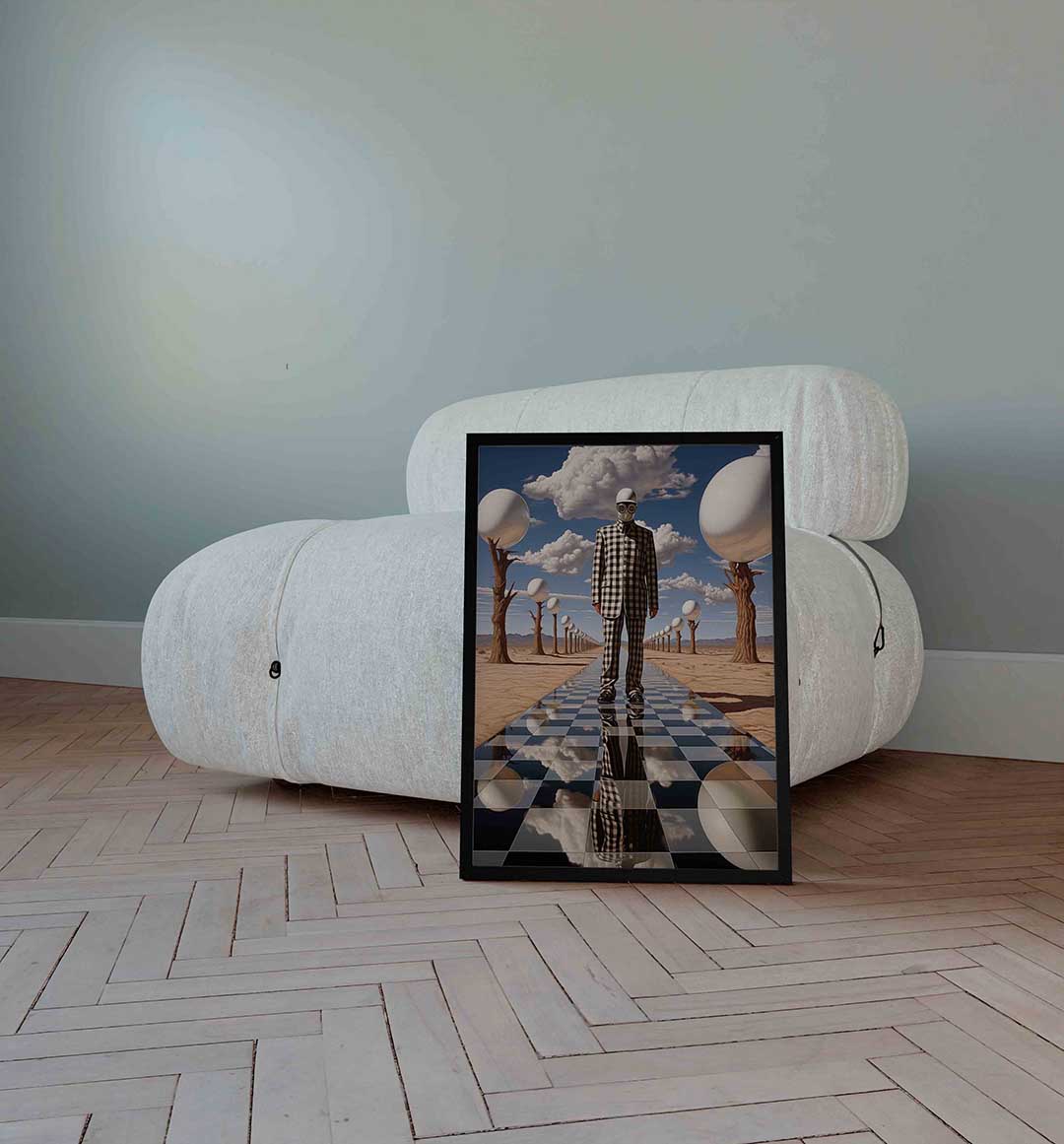 Geblokte figuur en bollen – surrealistische wandkunst als portret poster