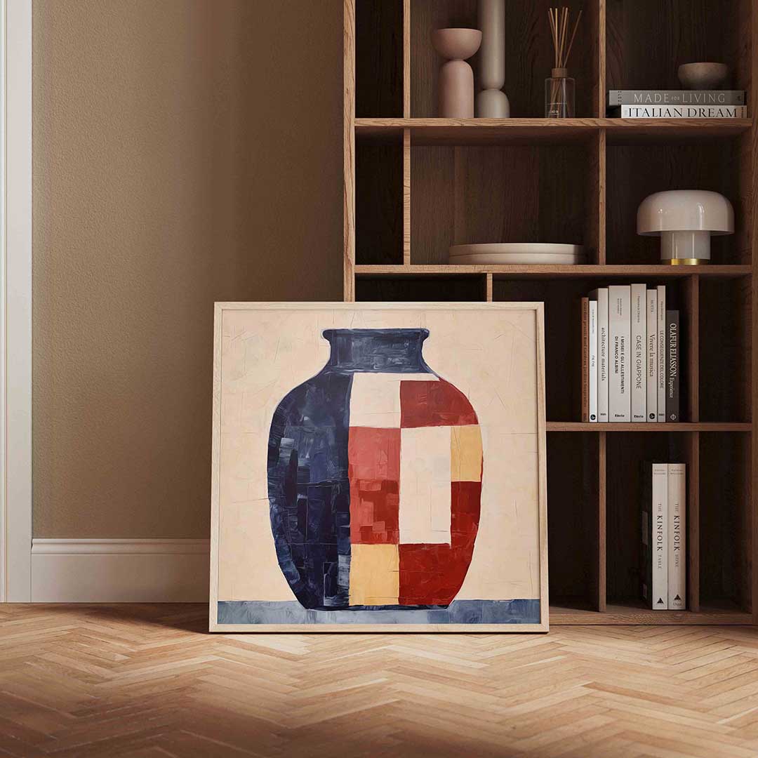 Vaas met geometrische patronen – vierkante wanddecoratie met kleur en vorm van WallArtistic