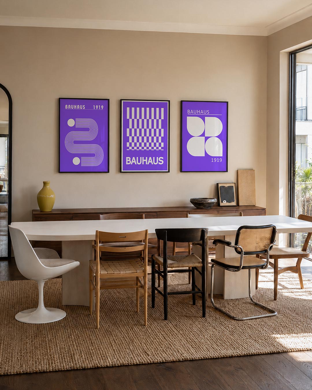 Lijnen en vormen driedelige posterset – deze poster toont een vloeiend lijnenspel met witte cirkels