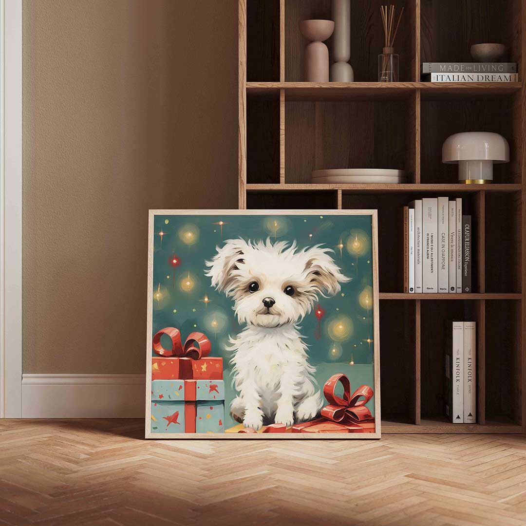 Schattige hond met cadeaus – kerstposter in vierkant formaat
