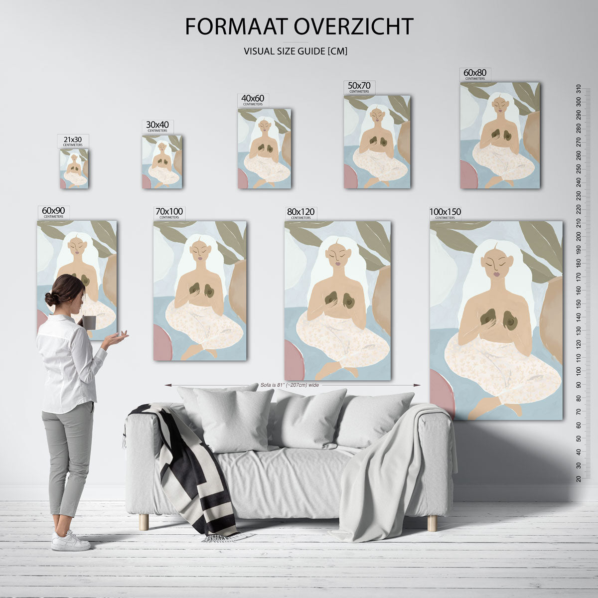 Vrouw met avocado's – staande muurposter met hedendaagse illustratie