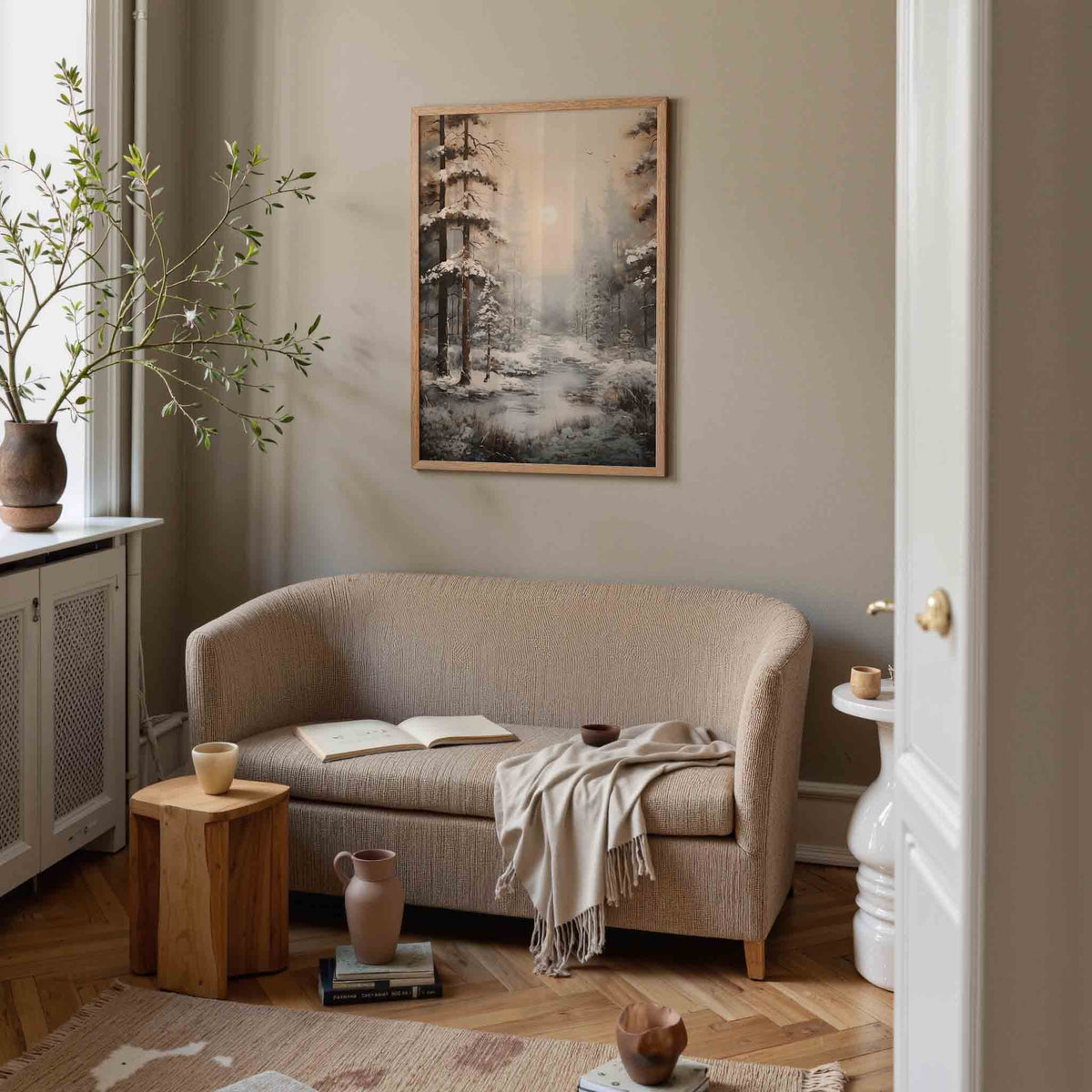 Sneeuwlandschap met bomen – botanische poster in staand formaat