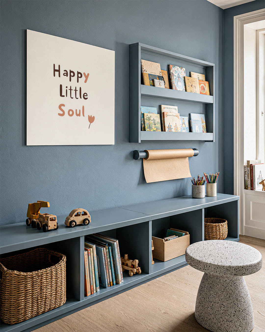Vrolijke tekst kunstwerk – detailweergave – dit werk toont een positieve boodschap in speelse letters met een kleine bloem.