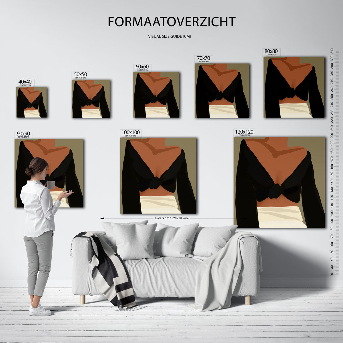 Vrouw in zwarte top – vierkante muurposter met kleurrijke illustratie