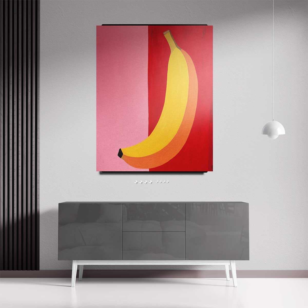 Kleurrijke Banaan op Roze en Rood – kunstwerk met zwarte baklijst