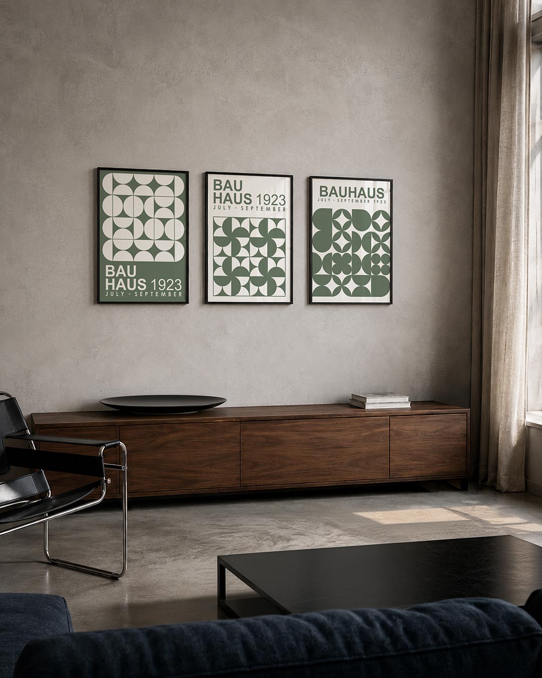 Cirkelpatroon en lijnen driedelige posterset – deze posterset toont een ritmisch spel van halve cirkels en rechte lijnen in