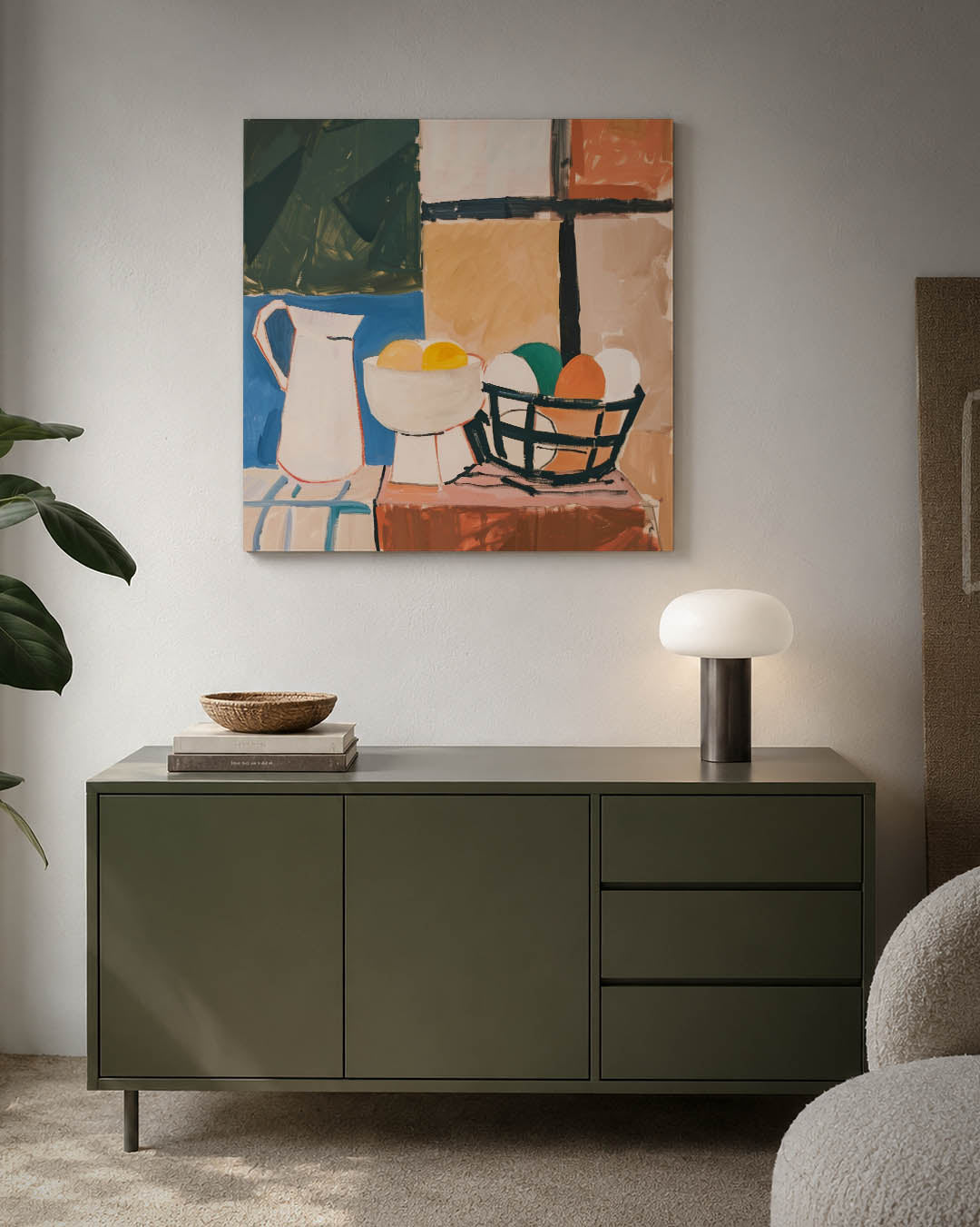 Geometrische stilleven kunstwerk – detailweergave – dit werk toont een verzameling van geometrische vormen en kleuren. De