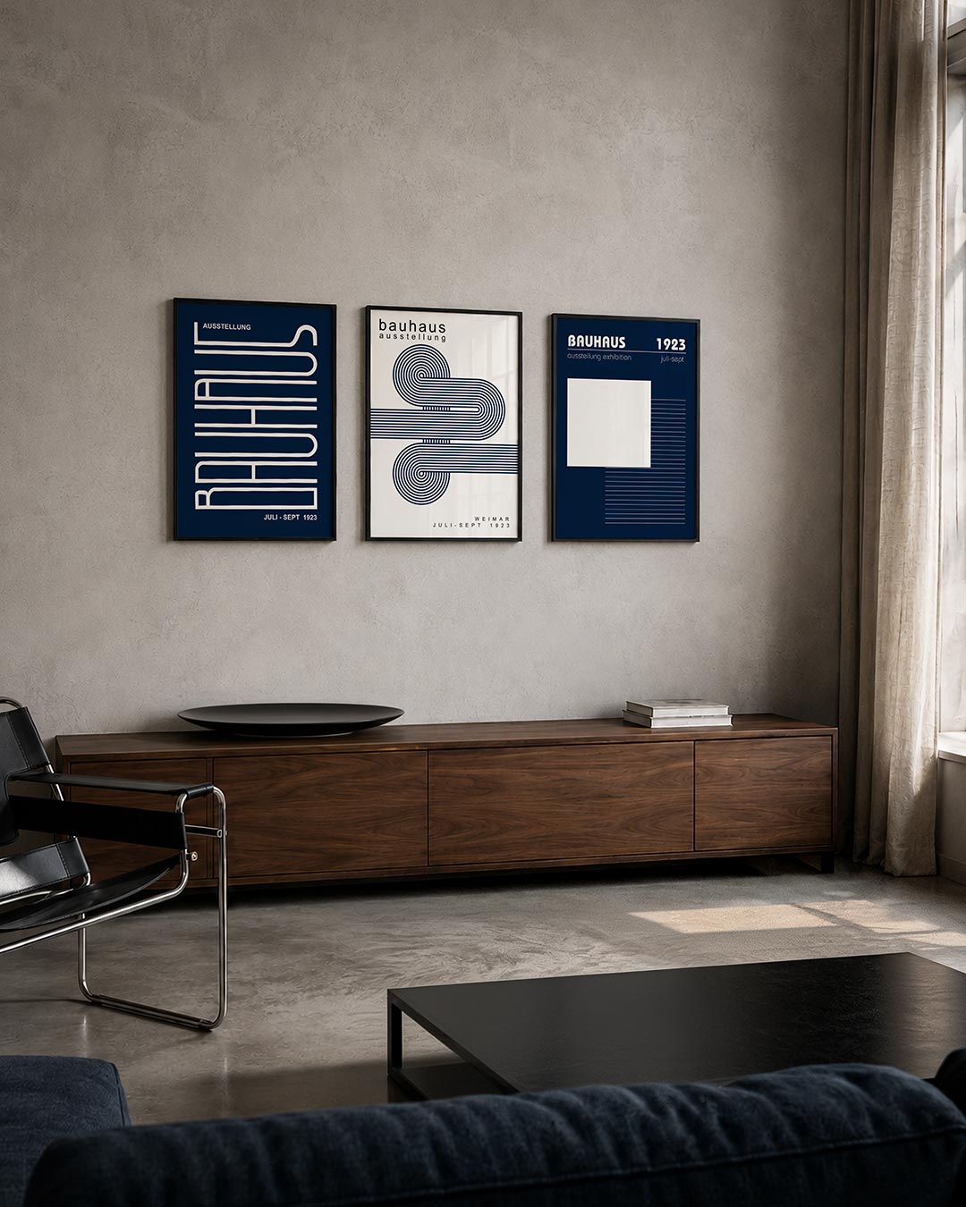 Lijnen en vlakken posterset – tweede productweergave – wit lijnenspel op een diepblauwe achtergrond. Strakke lijnen vormen